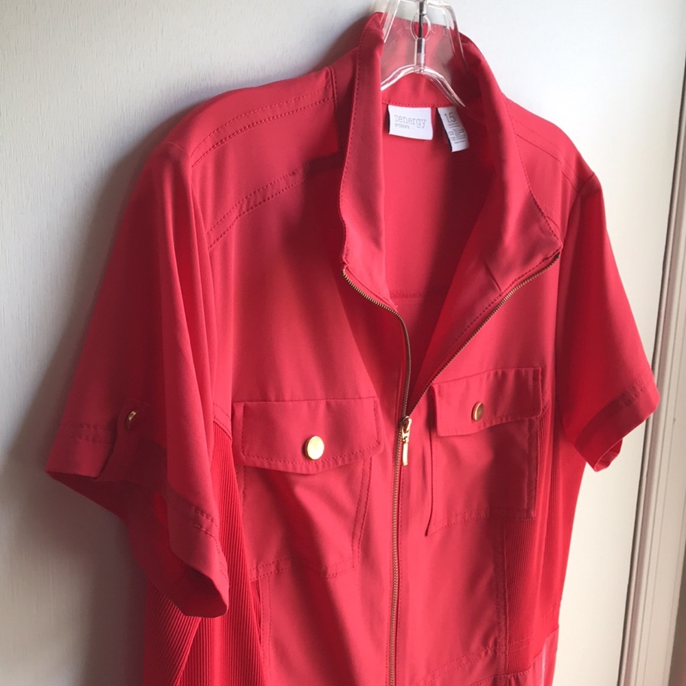 Chico’s Coral Shirt Dress Zip Front Utility Dress Easy care size 1.5 /M/10 Midi - Picture 8 of 11